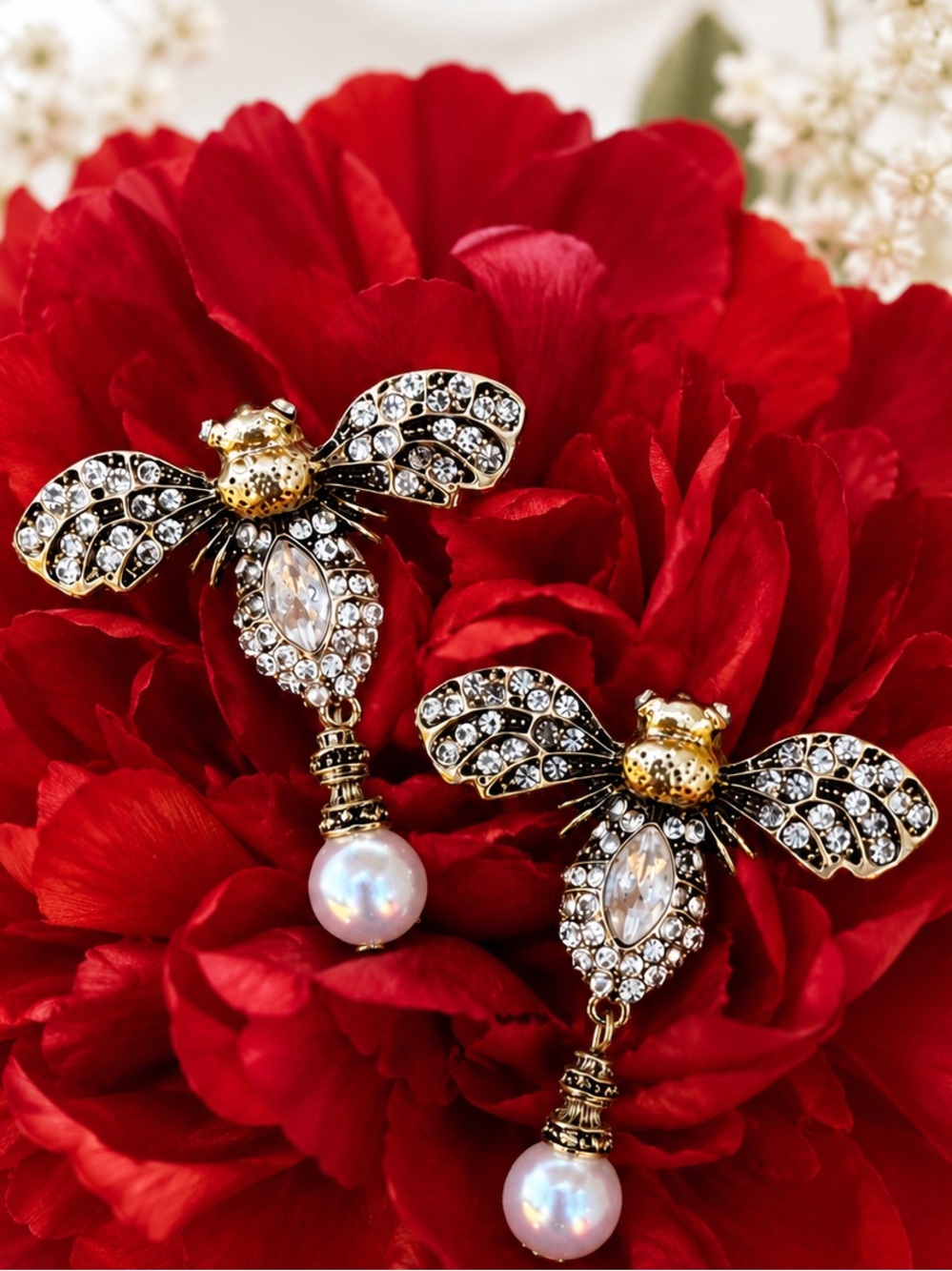 Crystal Bee Drop Earrings with Pearl